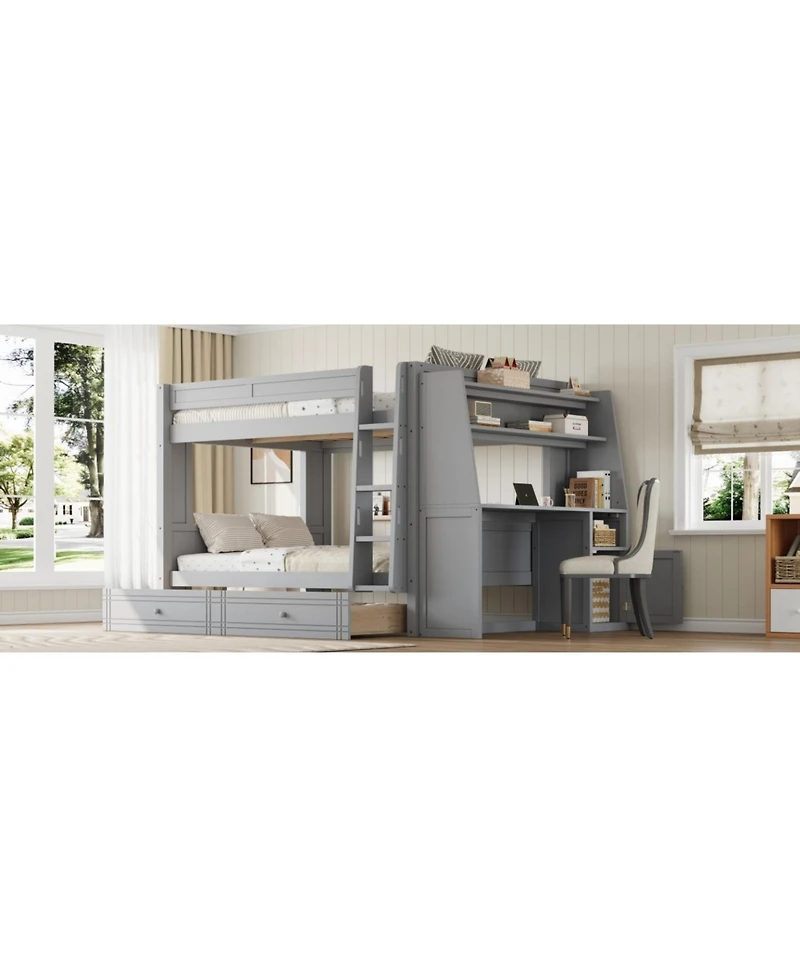 Streamdale Furniture Full Multifunctional Bunk Bed with Desk and Bookshelves, Drawers, Gray