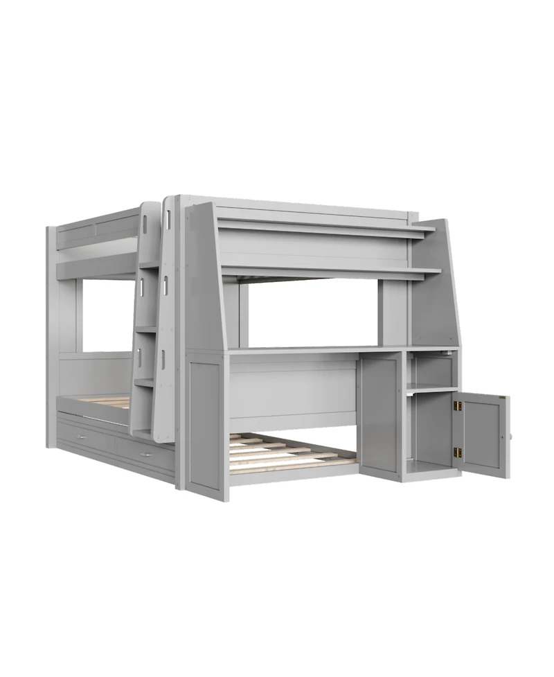 Streamdale Full size Multifunctional Bunk Bed with Desk and Bookshelves, Trundle, Gray