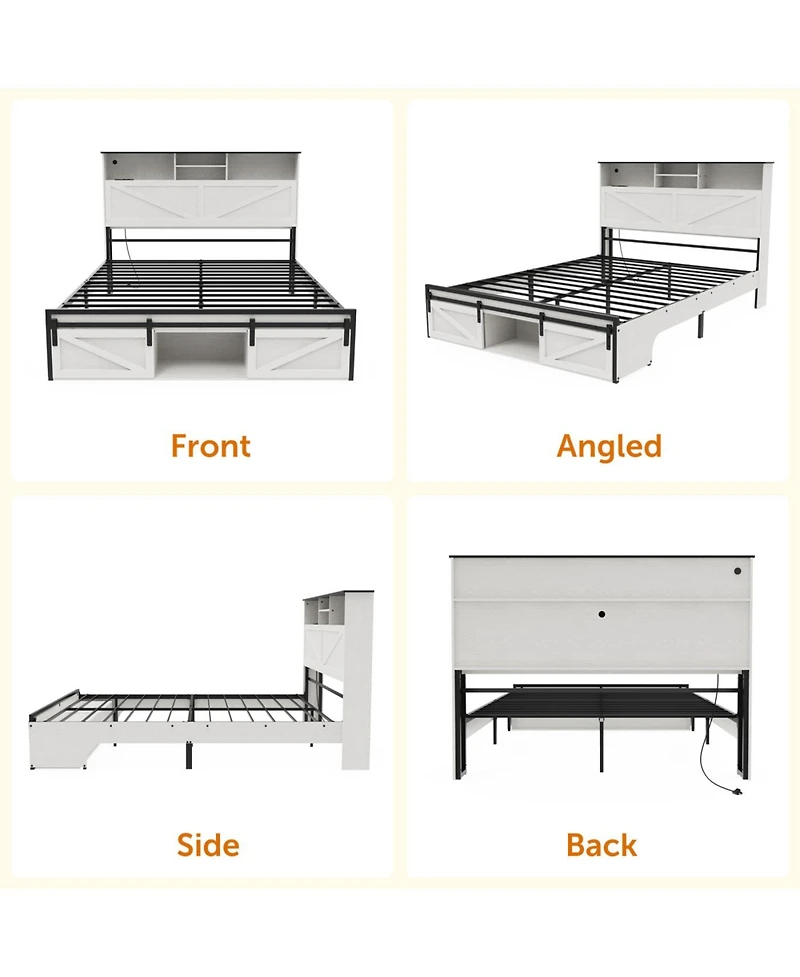 Streamdale Farmhouse Full Size Bed Frame with Storage Headboard, Charging Station & Led Lights, White
