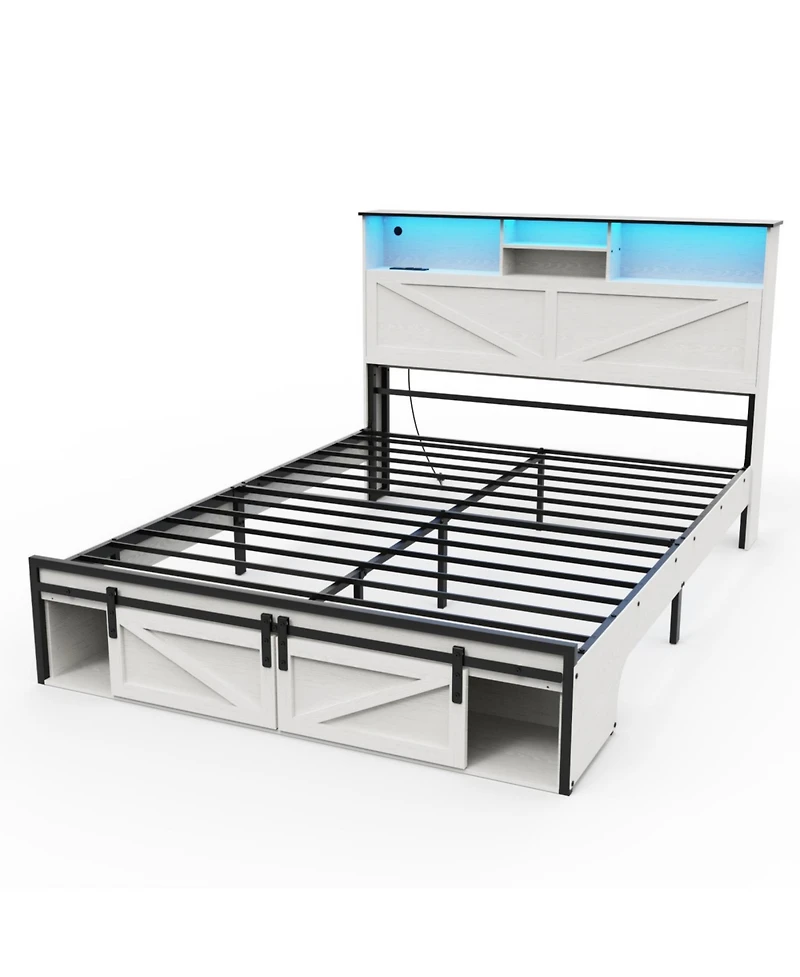 Streamdale Farmhouse Full Size Bed Frame with Storage Headboard, Charging Station & Led Lights, White