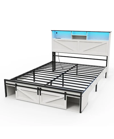 Streamdale Farmhouse Full Size Bed Frame with Storage Headboard, Charging Station & Led Lights, White