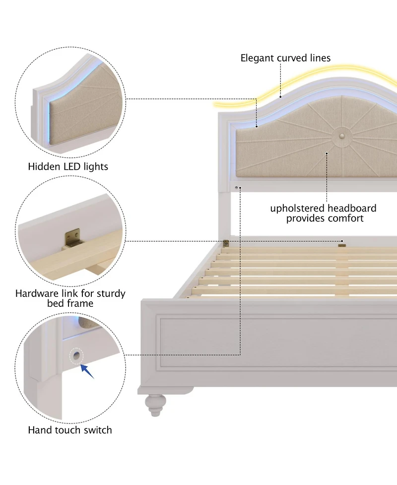 Streamdale Furniture Modern Queen Wood Bed with Led Headboard, No Box Spring
