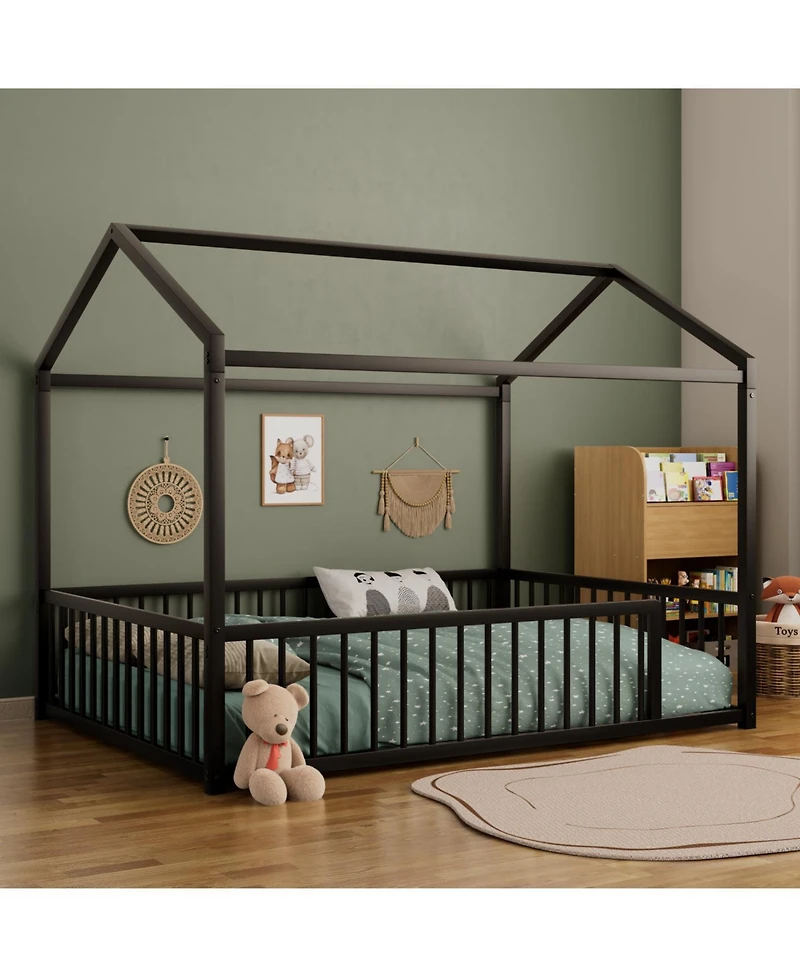 Streamdale Furniture Montessori Metal House Bed Frame - Kids/Toddler, No Slats, Black