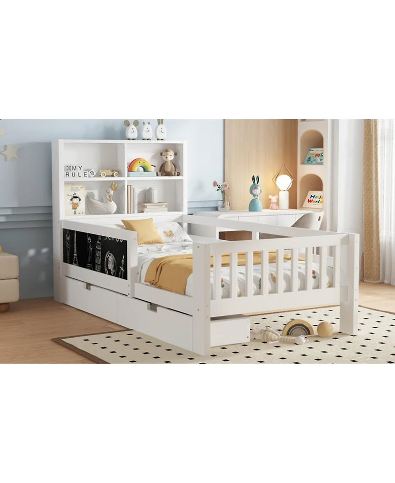 Streamdale Twin Platform Bed with Chalkboard, Storage, and Shelves, White