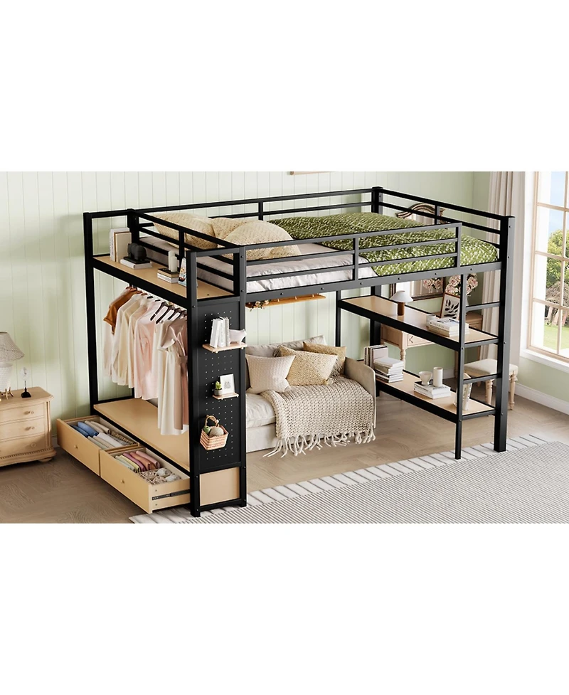 Streamdale Queen Loft Bed Frame with Wardrobe & Storage Shelves, Black