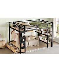 Streamdale Queen Loft Bed Frame with Wardrobe & Storage Shelves, Black