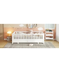 Streamdale Twin Size Platform Bed with Guardrails, Solid Wood, Convertible to Double Twin, White