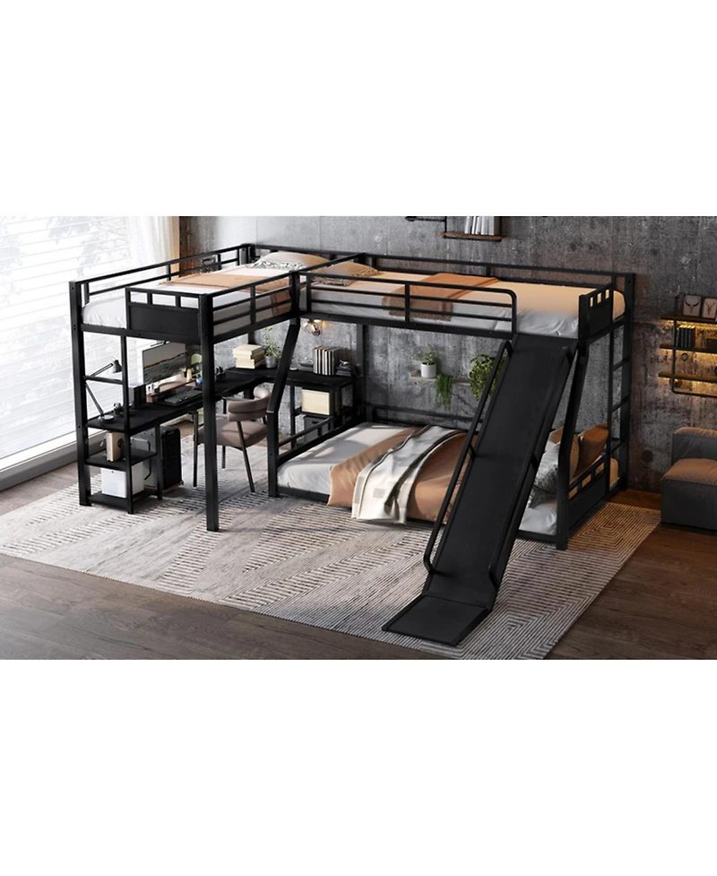 Streamdale Furniture L-Shaped Metal Bunk Bed with Twin Loft, Desk, Storage, and Slide (Black)