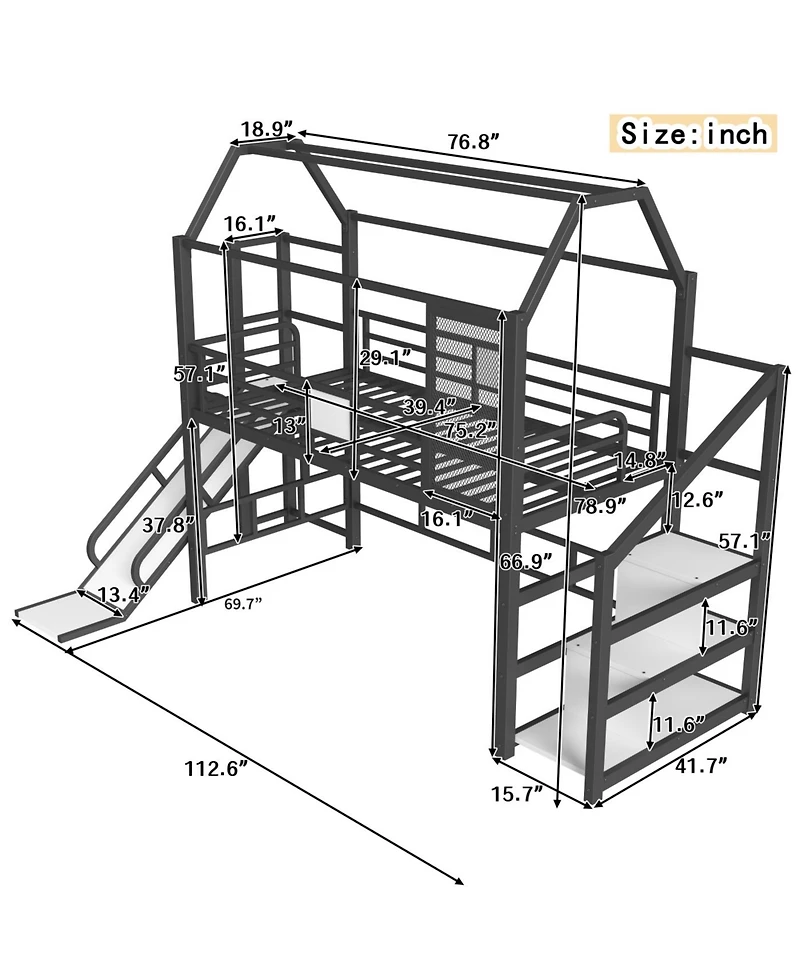 Streamdale Furniture Streamdale Twin Loft Bed with Slide, Stairs, Storage & House Roof - Black