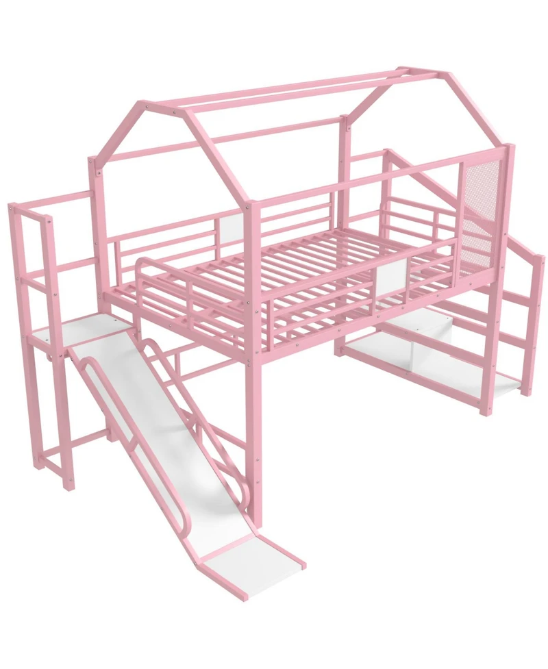 Streamdale Furniture Full House Loft Bed with Slide, Stairs, Storage, Pink