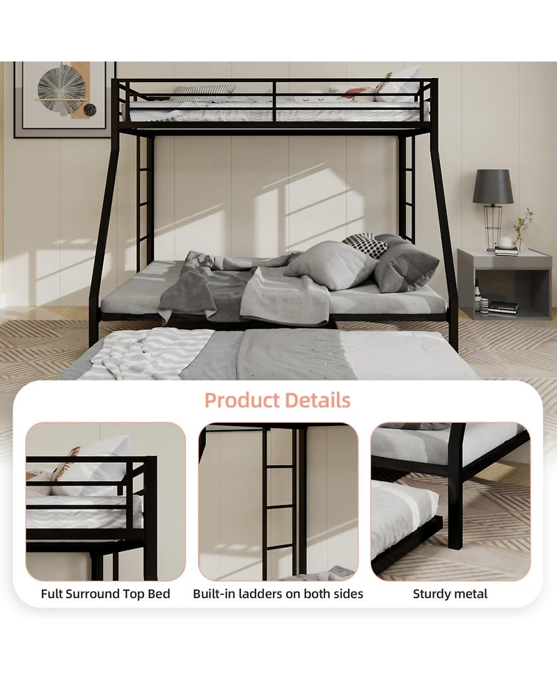 Streamdale High-Stability Square Tube Bunk Bed with Ladder & Trundle - Black