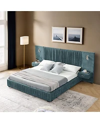 Streamdale Queen Size Chenille Upholstered Bed Frame with Pleated Design - Blue-Green