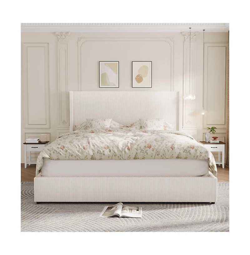 Gaomon + Upholstered Platform Bed [Thickness] Bookcase Headboard & 2 Storage Drawers [Bed