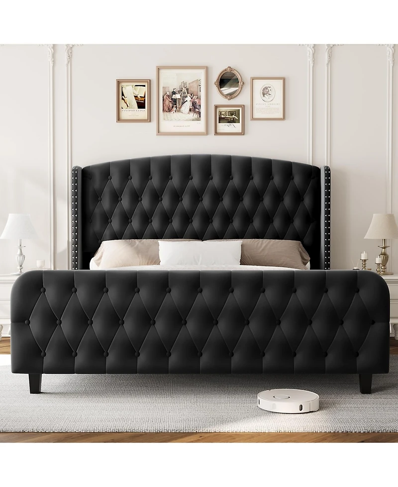 Gaomon Bed Frame with Deep Button Tufted Wingback Headboard and Footboard, Velvet Upholstered Platform Frame, No Box Spring