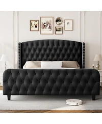 Gaomon Bed Frame with Deep Button Tufted Wingback Headboard and Footboard, Velvet Upholstered Platform Frame, No Box Spring