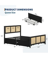 gaomon Queen Rattan Bed Frame with Headboard, Boho Cane Platform 4 Storage Drawers, Strong Metal Slat Support, Noise-Free Design