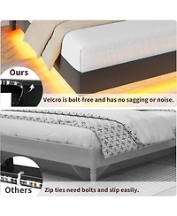 gaomon Floating Bed Frame with Led Lights & Usb Charging Station, Upholstered Platform Storage Headboard and Foldable Shelves