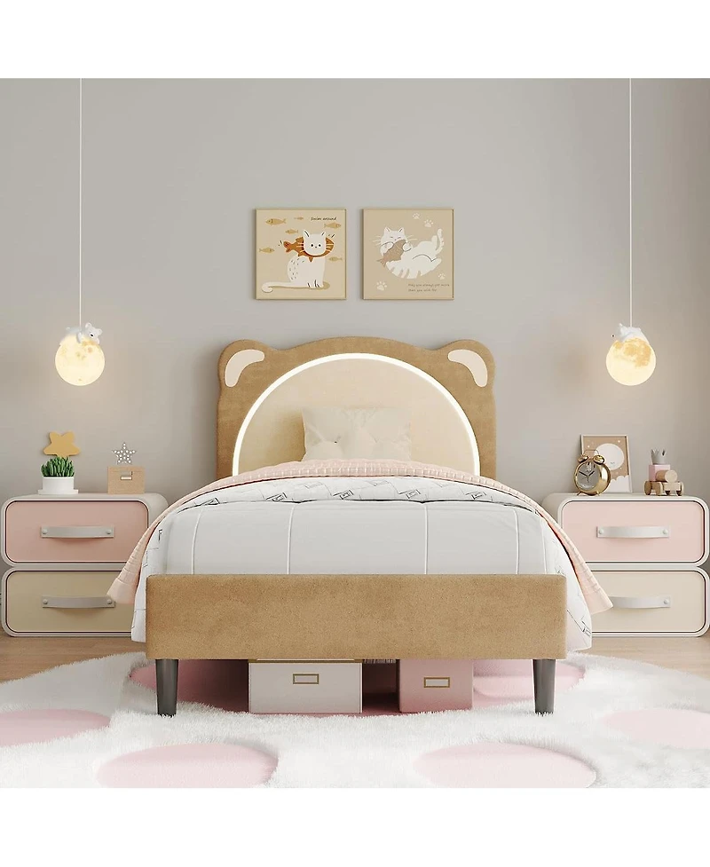 gaomon Twin Kids Upholstered Platform Bed Frame with Adjustable Headboard, Led Light, Wood Slats, No Box Spring, Coffee