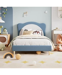 gaomon Full Size Kids Upholstered Bed Frame with Adjustable Scallop Velvet Headboard, Princess Platform