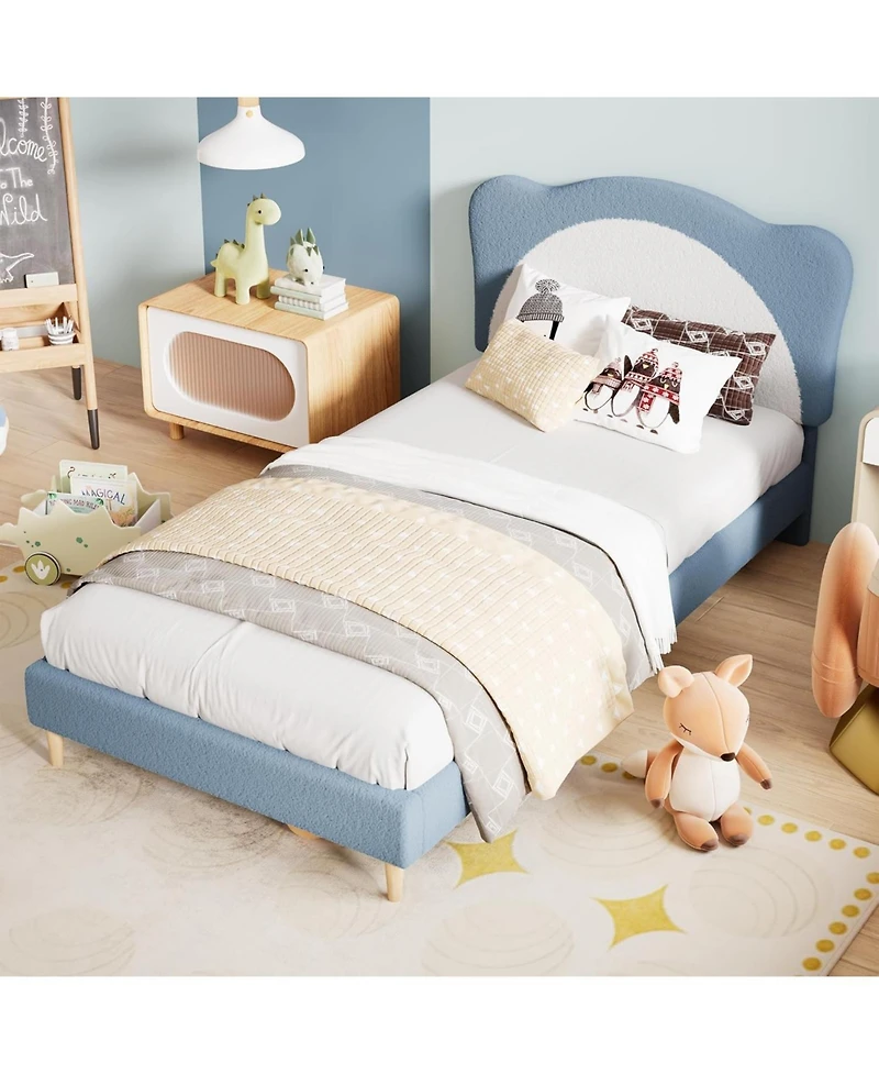 gaomon Twin Size Kids Upholstered Bed Frame with Adjustable Scallop Velvet Headboard, Princess Platform, Blue & White
