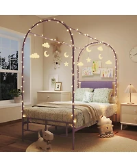 Twin Size Canopy Bed Frame with Upholstered Headboard, Underbed Storage, Decorative Arched Metal, Purple