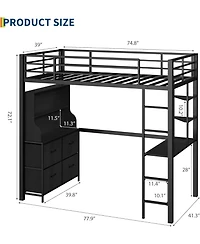gaomon Loft Bed with Desk, 4 Fabric Drawers, Open Shelves, Led Lights, Power Outlets, Metal Frame, Black