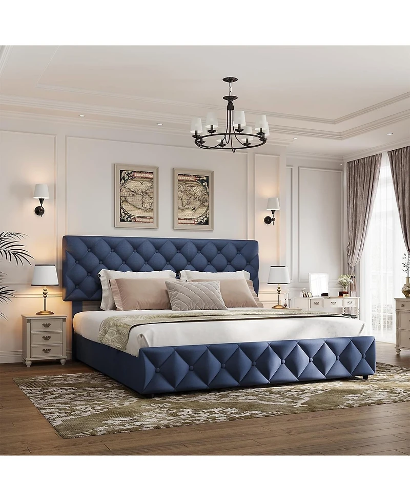 gaomon King Size Platform Bed Frame Adjustable Headboard 4 Drawers Modern Grey Upholstered with Footboard Wood Slats