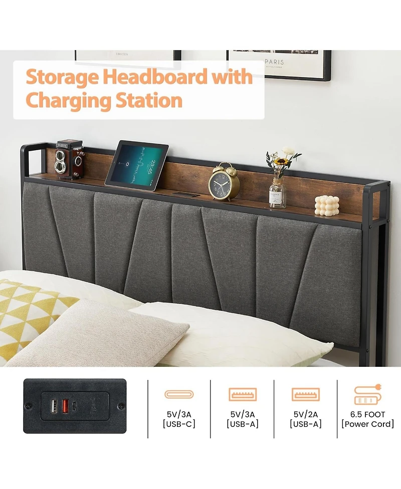 gaomon Queen Bed Frame Linen Upholstered Storage Headboard 2 Drawers Built-in Charging Station Heavy Duty Noise Free