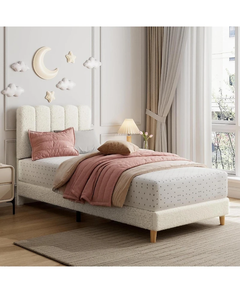 gaomon Twin Xl Bed Frame Boucle Upholstered Wave Headboard Low Profile Kids Girls Boys Wooden Slats No Box Spring Beige