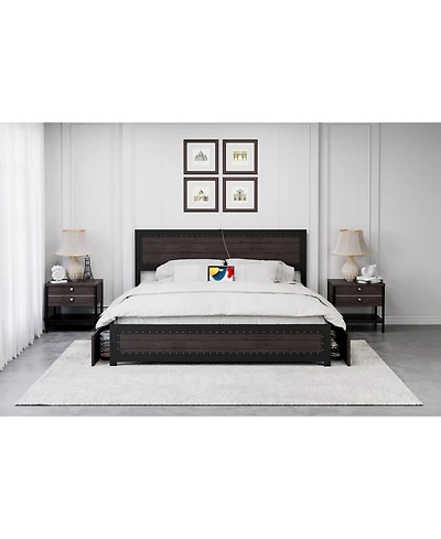 Gaomon Full Bed Frame with Headboard Industrial Platform Charging Station 4 Storage Drawers Metal Slats Dark Grey