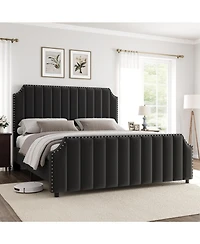 gaomon Queen Size Platform Bed Frame 50.2in Velvet Channel Tufted Headboard Footboard Nailhead Trim No Box Spring