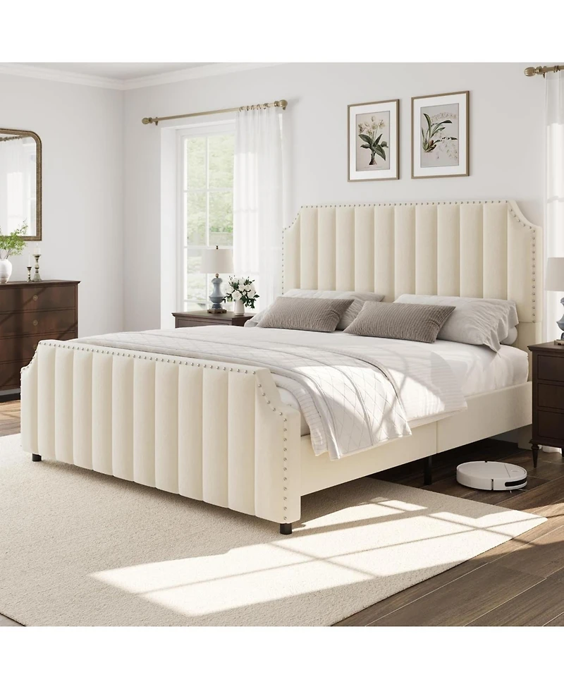gaomon King Size Platform Bed Frame 50.2in Headboard Velvet Channel Tufted Footboard Nailhead Trim No Box Spring Cream