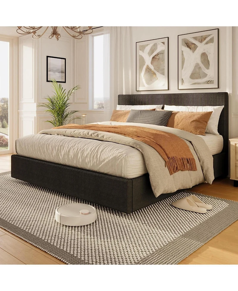 gaomon Full Size Upholstered Platform Bed Frame 4 Storage Drawers Corduroy Tufted Wingback Headboard Wood Slats No Box Spring