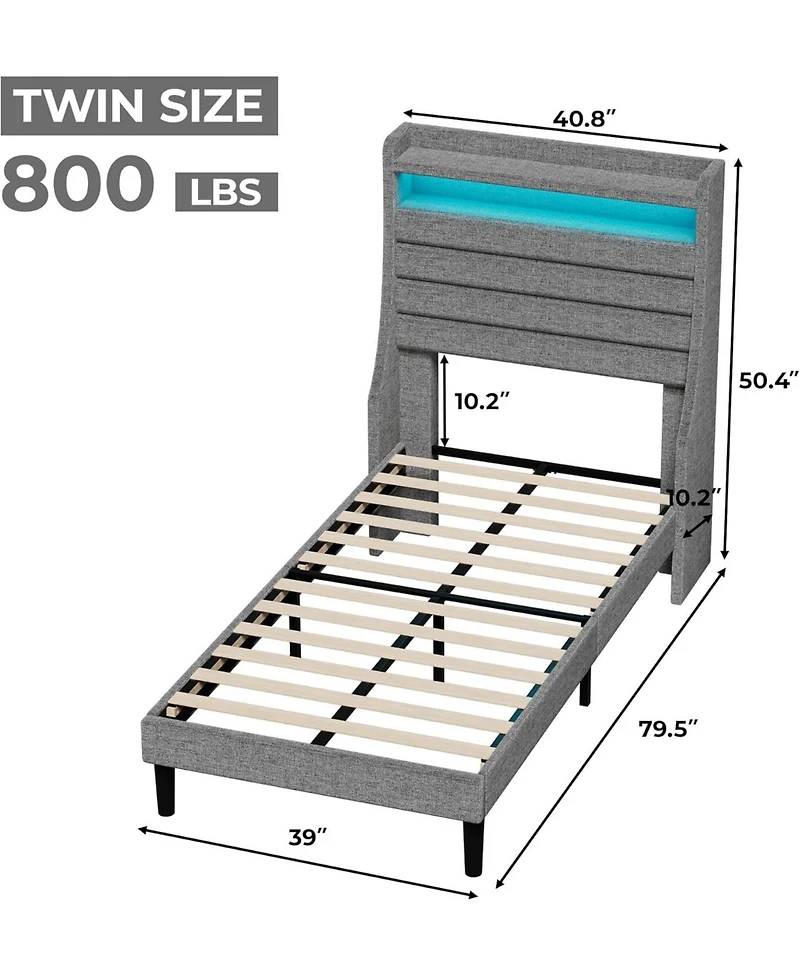 Twin Size Upholstered Platform Bed Frame with Headboard Charging Station Led Lights Wooden Slats No Box Spring Grey