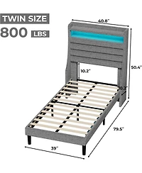 Twin Size Upholstered Platform Bed Frame with Headboard Charging Station Led Lights Wooden Slats No Box Spring Grey