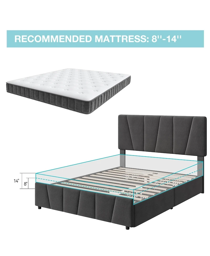 Gaomon Queen Size Bed Frame with 4 Storage Drawers and Adjustable Headboard, Linen Upholstered Platform Bed Frame