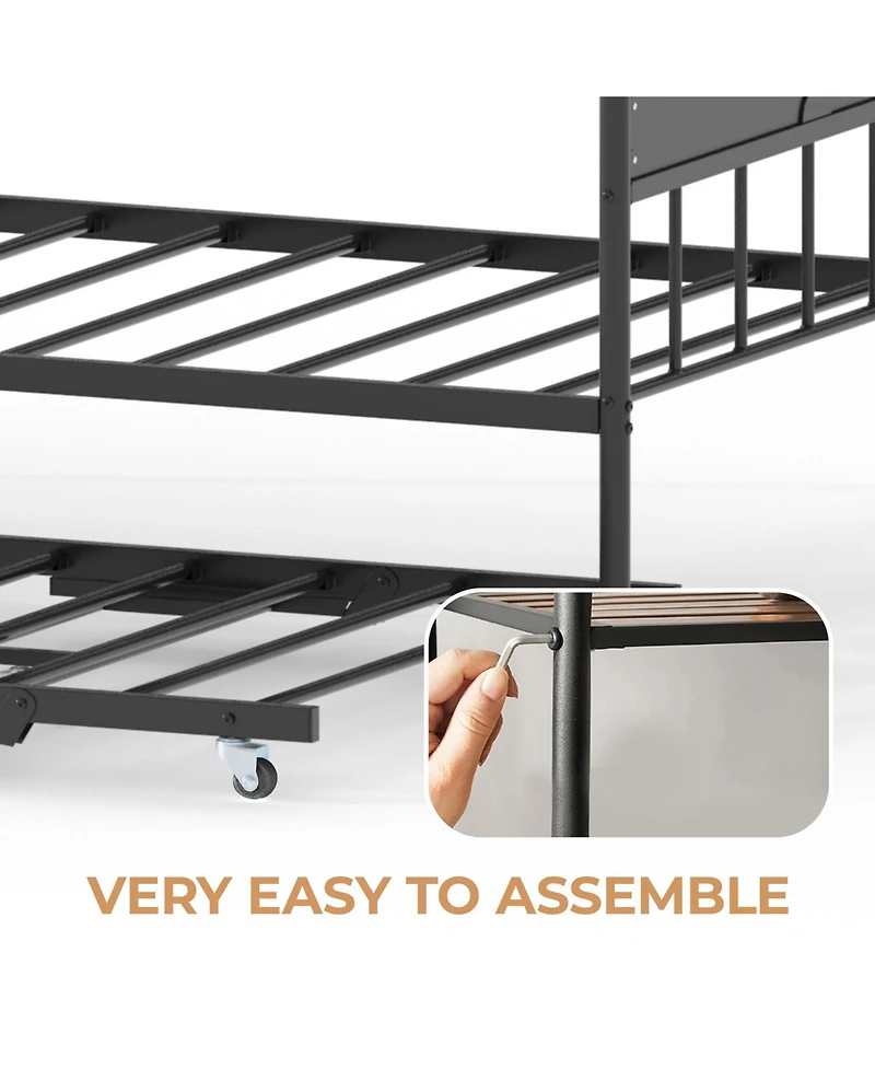 Daybed with Trundle, Metal Twin Size Day Bed with Stylish Headboard, Sofa Bed Frame with Pop Up Foldable Trundle Bed