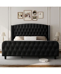 gaomon 51" Tall King Size with Deep Button Tufted Wingback Headboard and Footboard Bed Frame