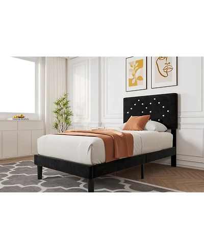 gaomon Queen Size Velvet Upholstered Headboard with Wood Slats Solid Stable Platform Bed Frame