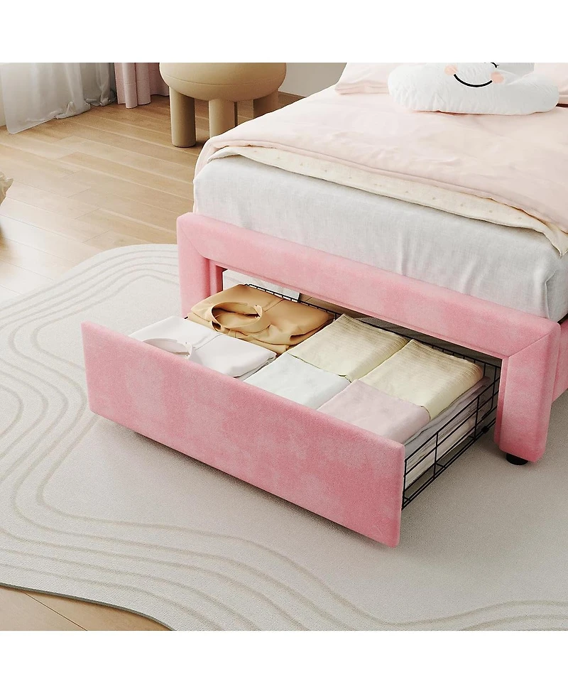 gaomon Twin Kids Bed Frame, Upholstered Platform with Adjustable Headboard, Drawer & Led