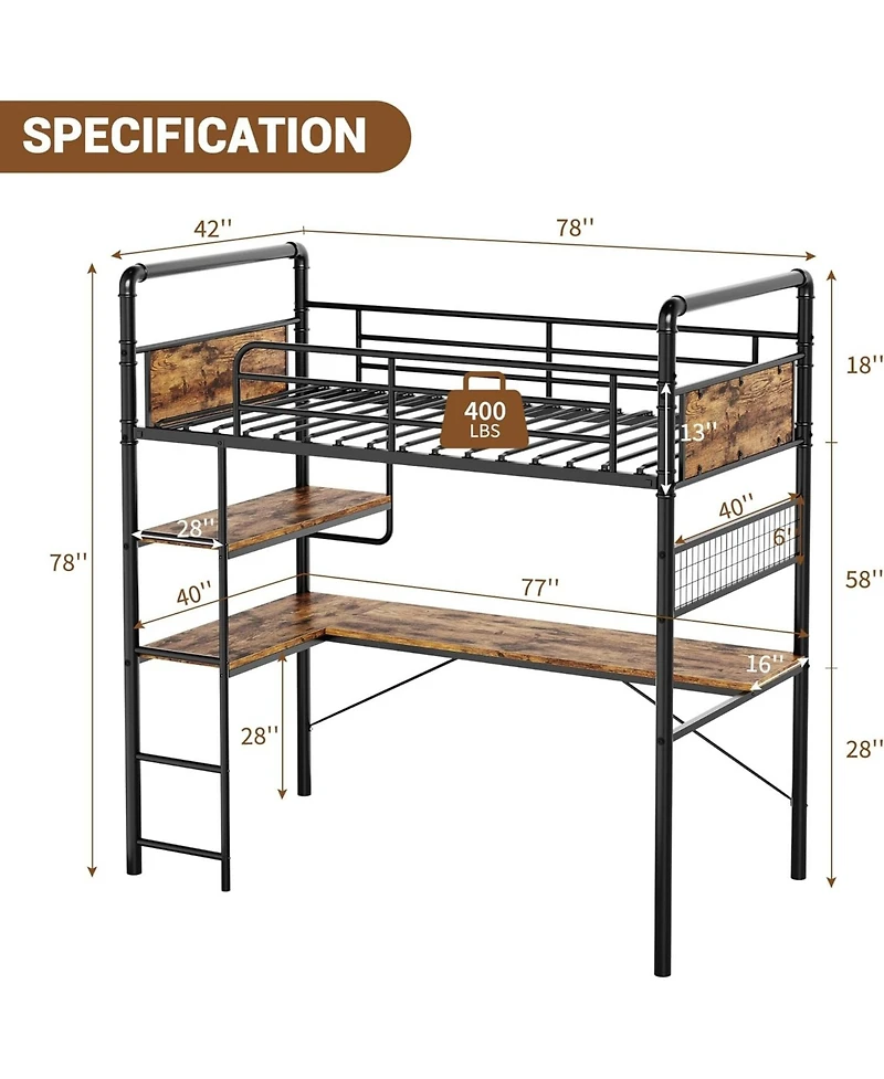 Gaomon Twin Loft Bed with L-Shaped Desk & Storage Shelf, Heavy Duty Metal Frame for Adults,Space Saving Design,Vintage Finish