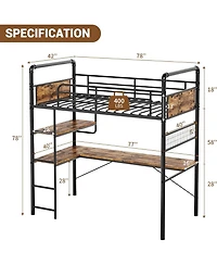 Gaomon Twin Loft Bed with L-Shaped Desk & Storage Shelf, Heavy Duty Metal Frame for Adults,Space Saving Design,Vintage Finish
