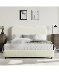 gaomon Senfot Full Boucle Platform Bed with Upholstered Headboard, Rounded Corners, Low-Profile Heavy-Duty Frame, Wood Slats