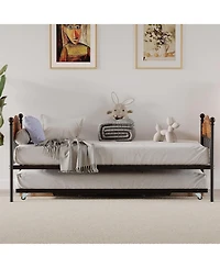 Gaomon Twin Metal Daybed with Adjustable Trundle, Decorative Headboard, Strong Steel Slat Support for Living Rooms, Bedrooms & Guests, White