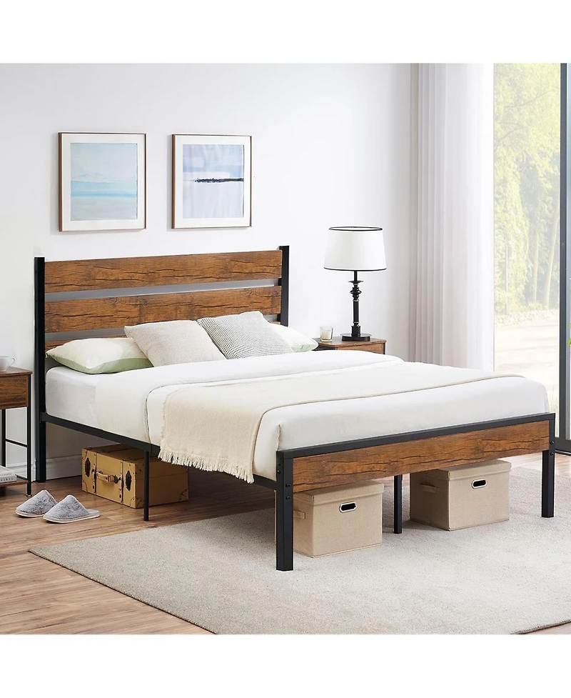 gaomon Farmhouse Bed Frame with Wooden Headboard and Footboard, Metal Platform with Slats, Noise-Free, Easy Assembly, Underbed Storage
