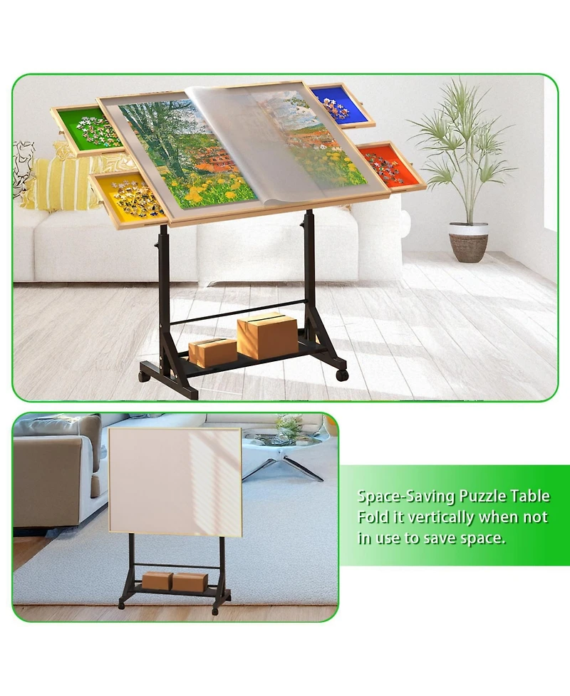 Flynama 34" Adjustable Puzzle Table with 360° Tilt, Storage Drawers & Protective Cover for 1500-Piece Puzzles, Height-Adjustable Mobile Work