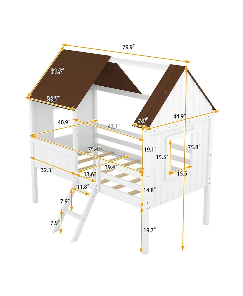 Simplie Fun Twin Size Low Loft Wood House Bed With Two Side Windows