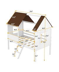 Simplie Fun Twin Size Low Loft Wood House Bed With Two Side Windows