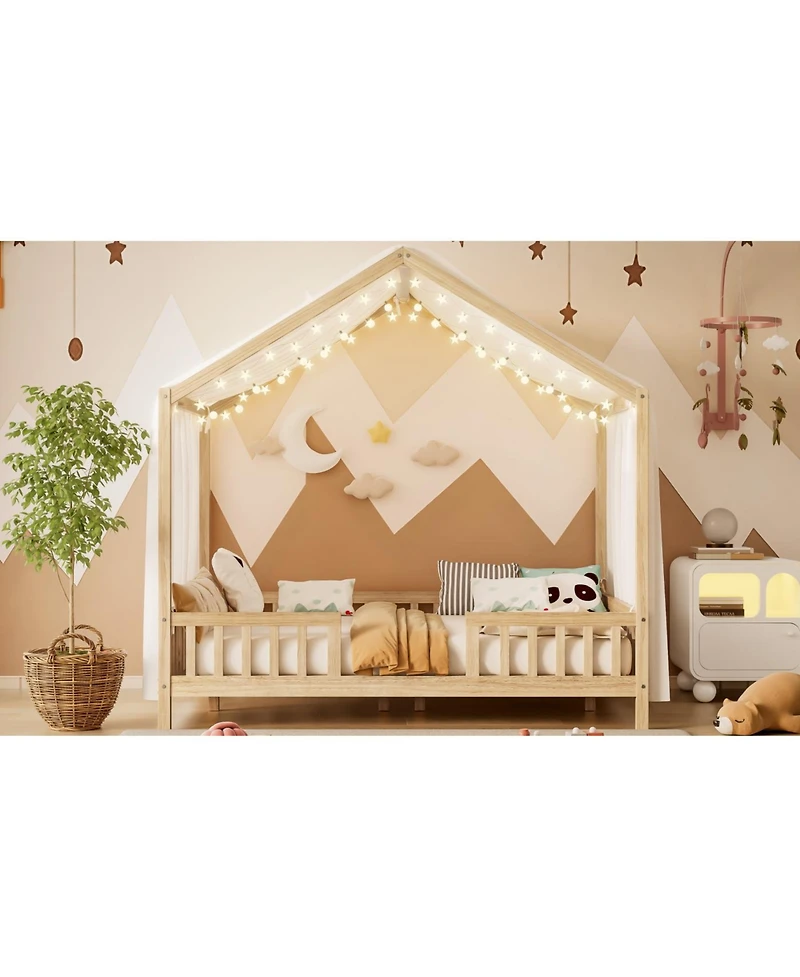 Streamdale Furniture Montessori Floor Bed with Canopy, Full House Shape Toddler Frame