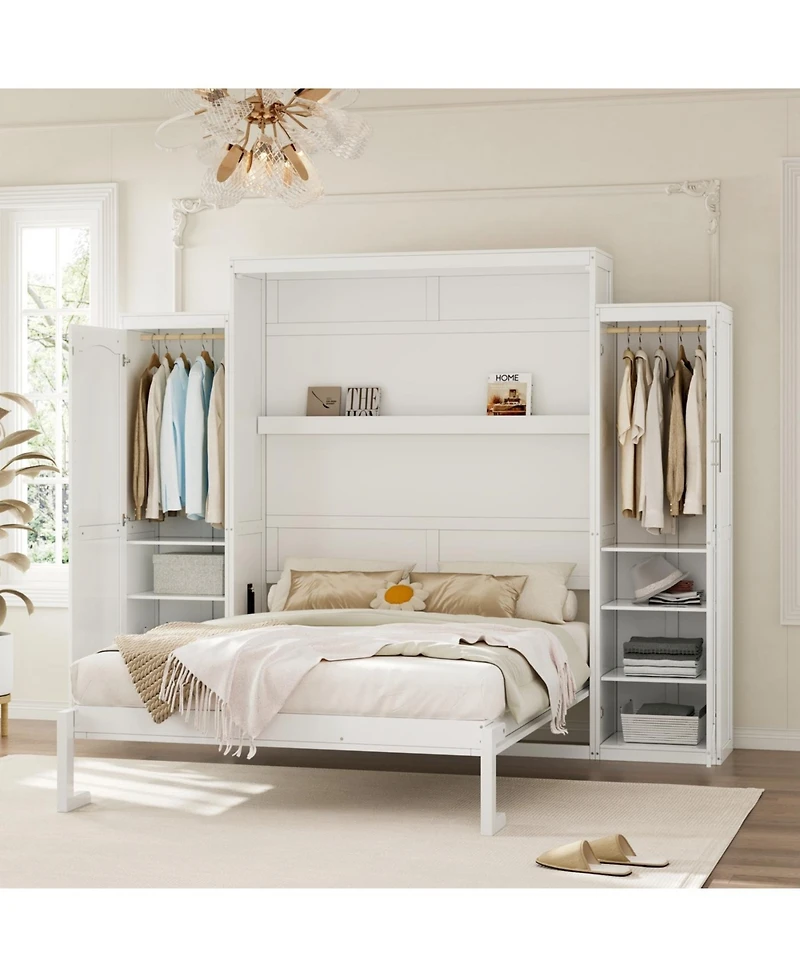 Streamdale Furniture Queen Size Murphy Bed with 2 Wardrobes & Storage Shelf, White